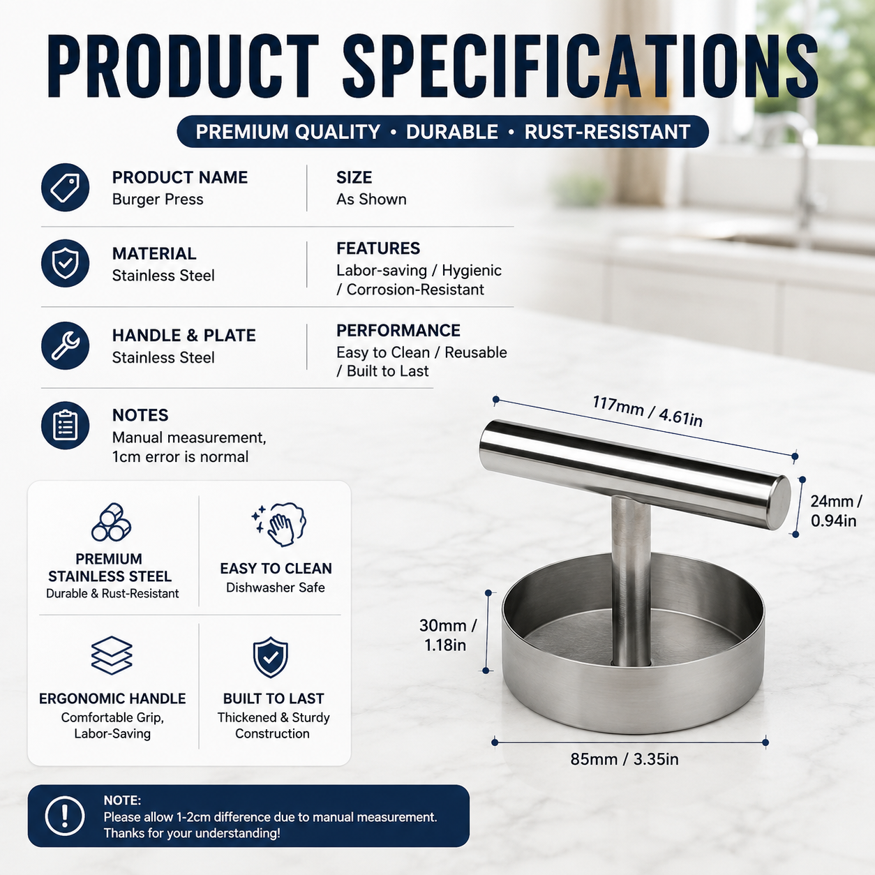 ๐ BBQ FAVORITE | Manual Burger Patty Press โ Uniform Round Patties for Grilling, Meal Prep & Home Cooking