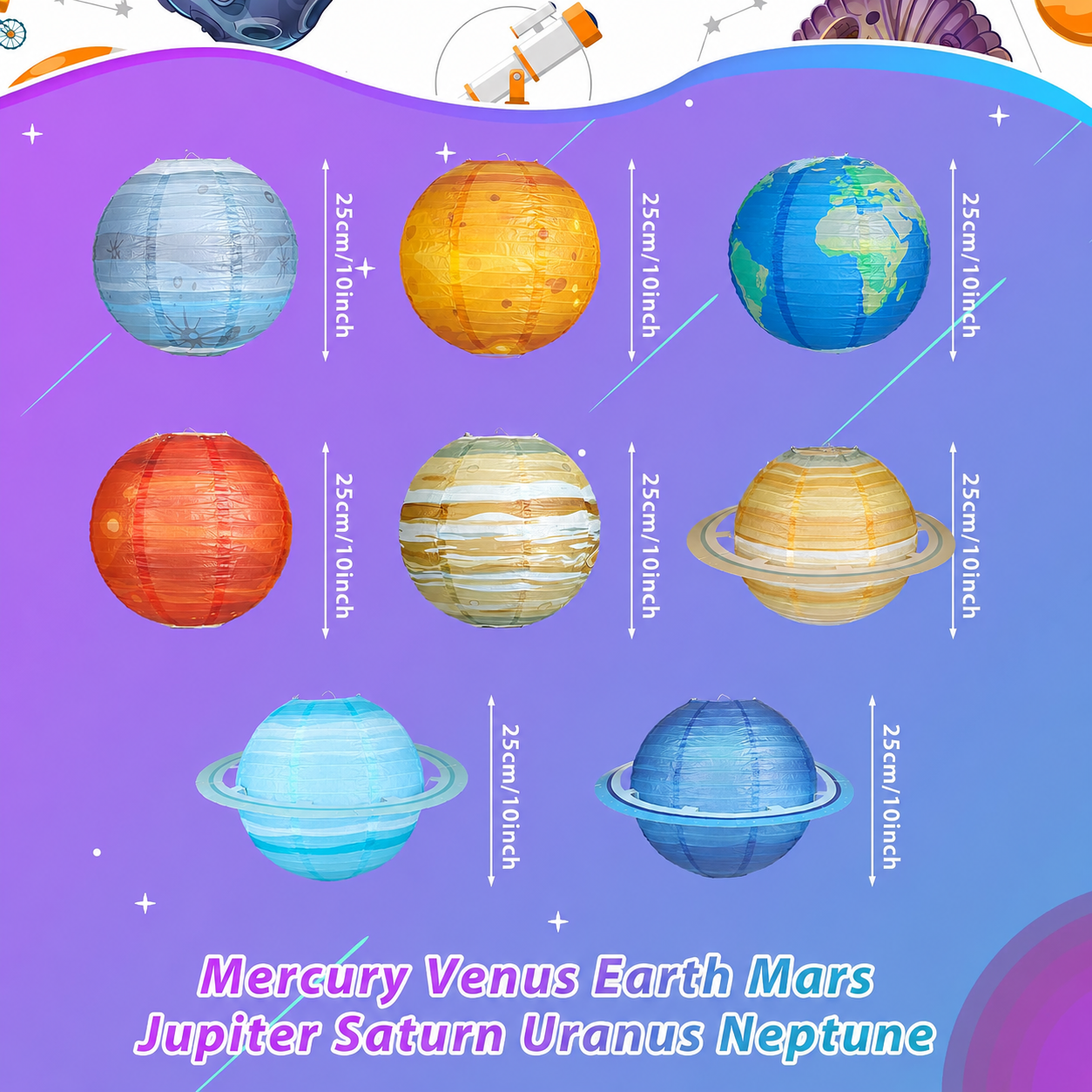 πͺ 8-Piece Solar System Planet Paper Lantern Set β Outer Space Birthday Party Decorations