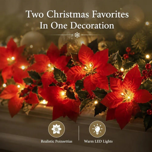 LED Poinsettia Christmas Garland Lights for Holiday Decor