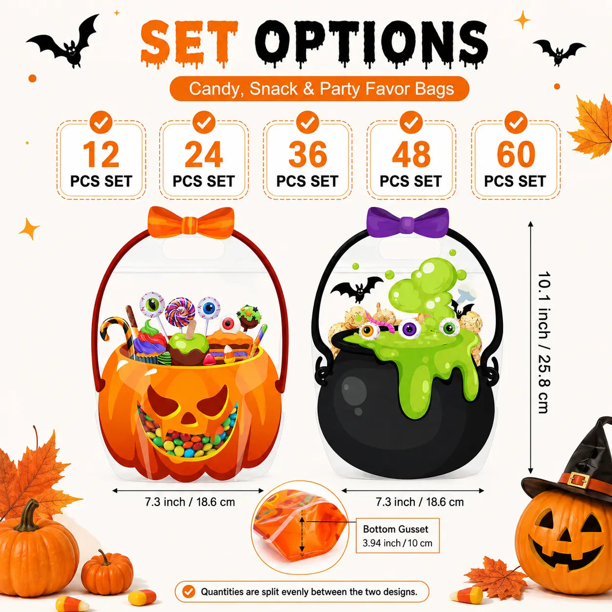 12/24/36/48/60 Pcs Halloween Plastic Goodie Bags,Trick or Treat Candy Bags