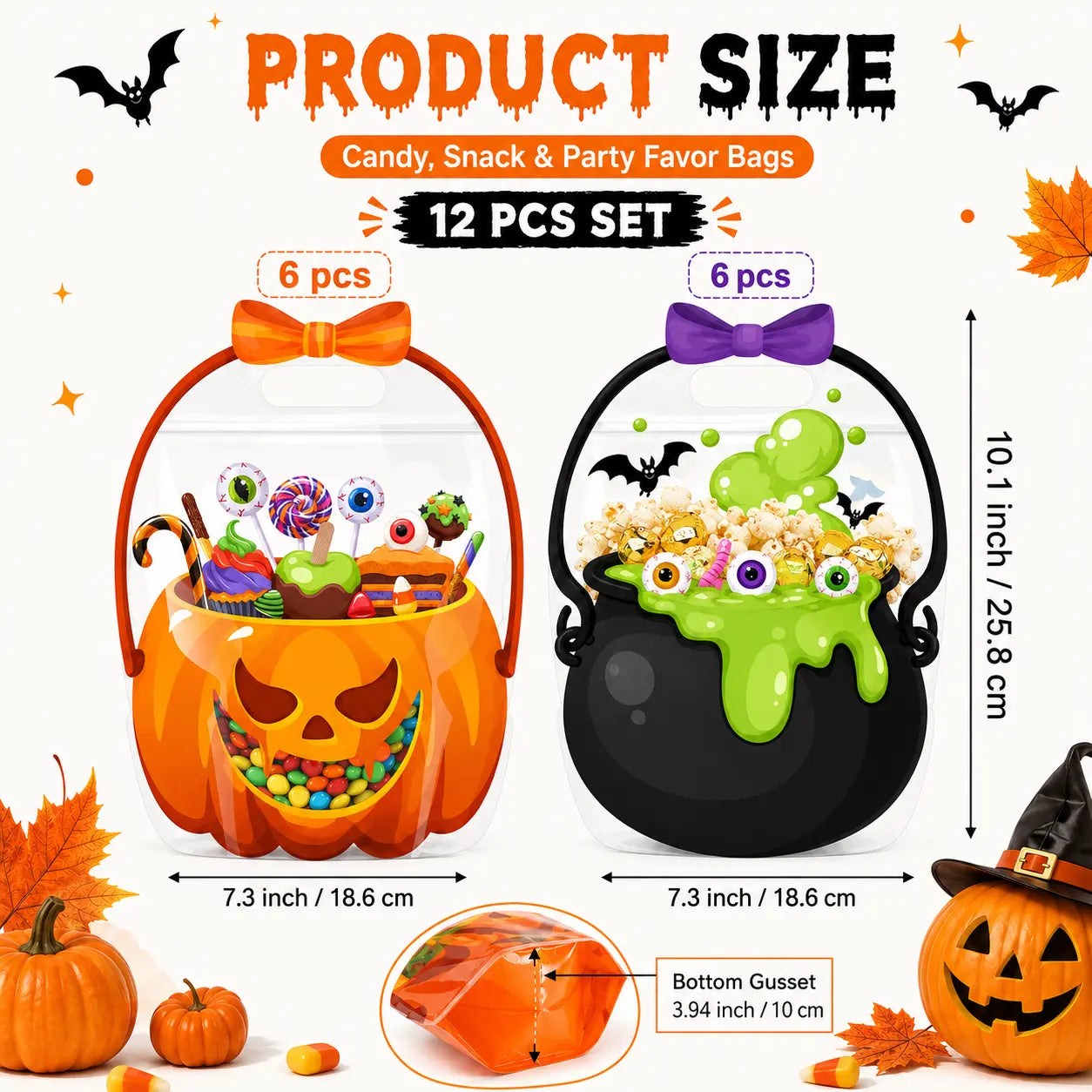 12/24/36/48/60 Pcs Halloween Plastic Goodie Bags,Trick or Treat Candy Bags
